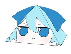  1girl azuma_meri blue_bow blue_eyes blue_hair bow chibi chibi_only cirno closed_mouth commentary_request double-parted_bangs fumo_(doll) hair_between_eyes hair_bow jitome pyramid_(geometry) short_hair simple_background smile solo touhou white_background 