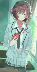  1girl black_necktie black_pantyhose brown_hair cellphone collared_shirt commentary_request fangs hair_between_eyes hair_ornament hairclip highres higuchi_madoka idolmaster idolmaster_shiny_colors indoors jacket medium_hair mole mole_under_eye necktie pantyhose phone pleated_skirt school_uniform shirt shizuki_nagatsuki short_hair skin_fangs skirt smartphone swept_bangs violet_eyes white_shirt wing_collar 