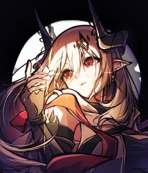  1girl arknights black_background black_gloves black_horns commentary diamond-shaped_pupils diamond_(shape) diffraction_spikes fingerless_gloves flat_(user_ahgy3737) flower gloves hair_between_eyes highres holding holding_flower horns infection_monitor_(arknights) looking_to_the_side material_growth mudrock_(arknights) mudrock_(rubble)_(arknights) official_alternate_costume oripathy_lesion_(arknights) parted_lips pointy_ears red_eyes solo spotlight symbol-shaped_pupils turning_head upper_body white_flower white_hair 