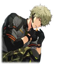  1boy black_gloves camouflage camouflage_pants cigarette collared_shirt eyepatch fire game_cg gloves green_eyes green_hair green_necktie grey_shirt happy_elements headset helios_rising_heroes keith_max knee_pads long_sleeves looking_down male_focus necktie non-web_source official_art one_eye_covered pants shirt smoking solo teeth transparent_background 