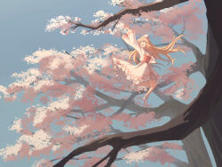  1girl blonde_hair blue_eyes bow bowtie capelet cherry_blossoms commentary dress full_body hat lily_white long_hair long_sleeves open_mouth outdoors red_bow red_bowtie smile solo touhou tree user_xvyu2787 white_capelet white_dress white_hat wide_sleeves 