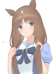  1girl alternate_hairstyle amazumi animal_ears blue_eyes blush bow bowtie brown_hair closed_mouth commentary_request grass_wonder_(umamusume) highres horse_ears horse_girl long_hair looking_at_viewer multicolored_hair puffy_short_sleeves puffy_sleeves purple_bow purple_bowtie purple_shirt sailor_collar sailor_shirt school_uniform shirt short_sleeves simple_background smile solo tracen_school_uniform twintails umamusume upper_body white_background white_hair white_sailor_collar 