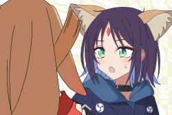  2girls amtkmituki animal_ears black_choker blue_hair brown_hair cho_kaguya-hime! choker colored_inner_hair commentary_request forehead_jewel fox_ears fox_girl green_eyes kaguya_(cho_kaguya-hime!) long_hair medium_hair multicolored_hair multiple_girls open_mouth rabbit_ears rabbit_girl sakayori_iroha sweatdrop 