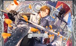  1boy black_gloves brown_eyes brown_hair facial_hair falling_petals feet_out_of_frame game_cg gloves goatee happy_elements helios_rising_heroes highres holding holding_sword holding_weapon jacket jay_kidman looking_at_viewer male_focus necktie non-web_source official_art pants petals shirt solo statue sword weapon weighing_scale white_jacket white_pants white_shirt 