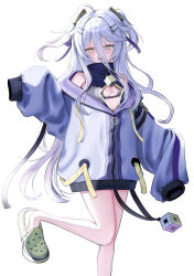  1girl ahoge black_bra bra breasts dress grey_hair hair_between_eyes hair_ornament henya_the_genius highres indie_virtual_youtuber jacket legs long_bangs long_hair looking_at_viewer open_mouth purple_dress sleeves_past_fingers sleeves_past_wrists small_breasts solo standing standing_on_one_leg tensui_byakuya underwear virtual_youtuber white_background yellow_eyes zipper_pull_tab 