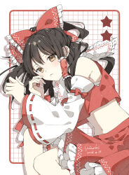  1girl blush bow brown_eyes brown_hair closed_mouth commentary dated detached_sleeves frilled_bow frilled_hair_tubes frilled_skirt frills hair_bow hair_tubes hakurei_reimu highres long_hair looking_at_viewer lying midriff navel on_side red_bow red_skirt ribbon-trimmed_sleeves ribbon_trim shiinoki_eil signature skirt skirt_set solo touhou 