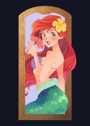  1girl absurdres ariel_(disney) bare_shoulders bikini blue_eyes blush border commentary_request fins flower green_scales green_tail grey_border hair_flower hair_ornament highres holding holding_flower long_hair looking_at_viewer merfolk mermaid monster_girl naco_oekaki outside_border red_flower red_hair red_lips shell shell_bikini solo swimsuit the_little_mermaid_(disney) yellow_flower 
