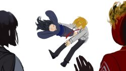  1boy 1other 2girls araya_(project_moon) black_gloves black_hair black_kimono black_pants black_shoes blonde_hair closed_mouth clouds dante_(limbus_company) dropkick flying_kick full_body gloves highres instdff japanese_clothes kicking kimono limbus_company long_hair multiple_girls necktie pants pout project_moon red_necktie red_suit shirt shoes short_hair simple_background suit suspenders white_background white_shirt 