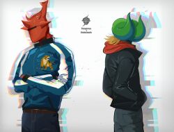  2boys animal_print belt black_hoodie blonde_hair blue_jacket blue_pants brown_belt character_name colored_skin commentary_request cowboy_shot crossed_arms dedusmuln denim glitch gradient_background green_skin grey_background grey_pants hands_in_pockets helm helmet highres hood hoodie horns hylics hylics_2 jacket jeans long_sleeves multiple_boys pants pongorma potepotekosam print_jacket red_helmet spiked_helmet tiger_print white_background 