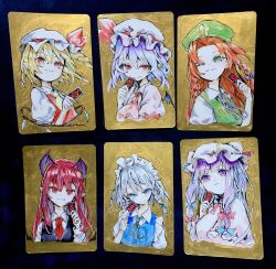  6+girls ascot bat_wings beret black_vest blonde_hair blue_bow bow braid brooch card closed_mouth collared_shirt commentary_request crescent crescent_hat_ornament crystal crystal_wings demon_wings flandre_scarlet green_eyes green_hat green_vest grey_hair hair_bow hat hat_ornament hat_ribbon head_wings highres holding holding_card hong_meiling izayoi_sakuya jewelry kararage_tsune koakuma looking_at_viewer maid maid_headdress mob_cap multicolored_wings multiple_girls necktie one_side_up patchouli_knowledge photo_(medium) pink_ascot pointy_ears purple_hair red_eyes red_hair red_necktie red_skirt red_vest remilia_scarlet ribbon shirt siblings sisters skirt smile star_(symbol) star_hat_ornament touhou traditional_media twin_braids upper_body vest violet_eyes white_hat white_shirt wings yellow_ascot 