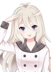  1girl :p akane_(akane112234) antenna_hair arm_up black_sailor_collar blue_eyes blush buttons closed_mouth commentary_request dojikko_pose dot_nose double-breasted double-parted_bangs grey_hair hair_between_eyes kokkoro_(princess_connect!) kokkoro_(real)_(princess_connect!) long_hair plaid_clothes plaid_sailor_collar princess_connect! sailor_collar shirt simple_background solo straight-on thick_eyebrows tongue tongue_out upper_body white_background white_shirt 