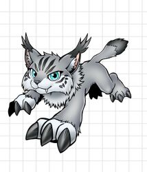  blue_eyes claws digimon digimon_(creature) fangs grey_fur grid_background looking_at_viewer lynx no_humans official_style oridigi original sewally1399982 solo tail 