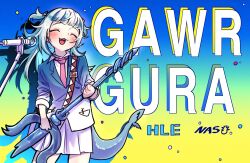  1girl alternate_costume blue_jacket blue_skirt blue_streaks character_name closed_eyes collared_shirt commentary fins fish_tail gawr_gura grey_hair highres holding holding_polearm holding_weapon hololive hololive_english jacket kamiyama_kenta medium_hair microphone multicolored_hair necktie open_mouth pink_necktie polearm shark_girl shark_tail sharp_teeth shirt skirt smile streaked_hair tail teeth trident two_side_up virtual_youtuber weapon white_shirt 