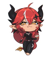  1girl absurdres black_bodysuit bodysuit chibi commentary commission dragon dragon2gr dragon_girl dragon_horns dragon_tail highres horns long_hair pointy_ears red_hair scales smug tail tan very_long_hair yellow_eyes 