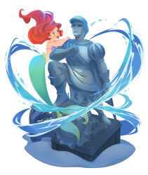  1girl absurdres ariel_(disney) arm_on_another's_shoulder bare_shoulders bikini boots cape commentary_request eric_(disney) fins green_eyes green_tail hand_on_own_chest highres leg_up long_hair medium_hair merfolk mermaid mirror monster_girl naco_oekaki open_mouth red_hair salute sash scroll shell shell_bikini simple_background solo_focus splashing statue swimsuit teeth the_little_mermaid_(disney) upper_teeth_only white_background 