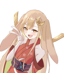  1girl animal_ears blonde_hair blush brown_eyes brown_hair cho_kaguya-hime! clothing_cutout colored_inner_hair commentary_request crescent crescent_hair_ornament fang hair_ornament hand_up highres japanese_clothes kaguya_(cho_kaguya-hime!) kimono logo looking_at_viewer multicolored_hair obi open_mouth pipapipakaeru5 rabbit_ears rabbit_girl red_kimono sash shoulder_cutout simple_background skin_fang solo upper_body v white_background 