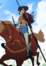  1girl 1other armor blue_sky bow brown_hair clouds commentary_request crayon_shin-chan fighting_stance full_body hair_bow henriiku_(ahemaru) holding holding_polearm holding_sword holding_weapon horse kasuga_fubukimaru long_hair looking_at_another open_mouth outdoors pants polearm sandals shirt shorts shoulder_armor sky socks solo sword teeth weapon yellow_shirt 
