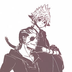  2boys age_difference animal_ears animal_hands arm_up black_coat_(kingdom_hearts) carrying cat_boy cat_ears cat_paws cat_tail claws commentary english_commentary expressionless eyepatch grin implied_yaoi kemonomimi_mode kingdom_hearts kingdom_hearts_358/2_days long_coat long_hair looking_at_another low_ponytail lowres male_focus monochrome multicolored_hair multiple_boys pointy_ears ponytail roxas rrr short_hair shoulder_carry sketch smile spiky_hair streaked_hair tail upper_body white_background xigbar 