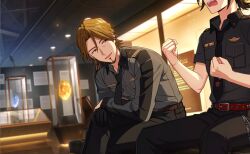  2boys belt black_gloves black_necktie black_pants black_shirt breast_pocket brown_eyes brown_hair clenched_hand clenched_hands facial_hair game_cg gloves goatee happy_elements helios_rising_heroes highres jay_kidman male_focus multiple_boys necktie non-web_source official_art open_mouth pants pocket shirt short_sleeves sitting teeth upper_teeth_only 