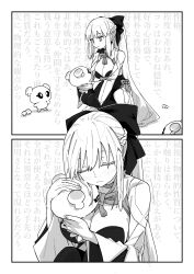  1girl absurdres black_bow bow braid choker closed_eyes con_(fate) fate/grand_order fate_(series) hair_between_eyes hair_bow half_up_braid highres long_hair long_sleeves monochrome morgan_le_fay_(fate) morgan_le_fay_(first_ascension)_(fate) ponytail very_long_hair waira 