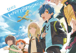  1girl 2girls 3boys absurdres asanaka_yomogi asukagawa_chise backpack bag black_jacket black_pants blonde_hair blue_eyes blue_hair blue_hoodie blue_sky braid brown_hair closed_mouth clouds commentary_request day flying gauma goldburn green_eyes gridman_universe hair_ornament hair_over_one_eye hairclip hand_in_pocket hand_on_another's_head happy_birthday highres hood hood_down hoodie jacket jewelry long_hair long_sleeves looking_at_viewer minami_yume multiple_boys multiple_girls open_clothes open_jacket open_mouth orange_eyes orange_hair pants red_hair shirt short_hair sky smile ssss.dynazenon twin_braids tyaui_(xjju4435) yamanaka_koyomi yellow_eyes 