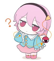  1girl ? azuma_meri black_hairband blue_shirt buttons chibi chibi_only closed_mouth collared_shirt commentary_request double-parted_bangs frilled_shirt_collar frilled_sleeves frills full_body fumo_(doll) hair_between_eyes hairband hand_up heart_button highres jitome komeiji_satori long_sleeves pink_hair pink_shoes pink_skirt red_eyes shirt shoes short_hair simple_background skirt solo standing third_eye touhou white_background wide_sleeves 