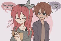  1boy 1girl alternate_costume aubrey_(faraway)_(omori) aubrey_(omori) bandaid bandaid_on_cheek bandaid_on_face black_eyes black_jacket blue_shirt bra_strap bright_pupils brown_hair brown_shirt cherim1ichu collarbone collared_jacket crying dark-skinned_male dark_skin double-parted_bangs eating english_text hair_between_eyes hero_(faraway)_(omori) hero_(omori) jacket long_hair long_sleeves looking_at_another multicolored_hair off-shoulder_shirt off_shoulder omori open_clothes open_jacket pink_hair roots_(hair) shirt short_hair short_sleeves sidelocks speech_bubble t-shirt white_pupils 