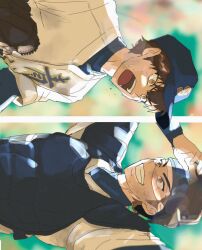  2boys ace_of_diamond baseball_cap baseball_jersey baseball_uniform black_gloves brown_eyes brown_hair chest_protector commentary_request fkqnfkeh gloves grin happy hat highres jersey korean_commentary male_focus miyuki_kazuya multiple_boys open_mouth sawamura_eijun shirt sideburns sideways smile sportswear sweat teeth upper_body white_shirt 
