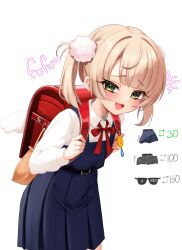  1girl :d absurdres backpack bag blonde_hair blunt_bangs blush commentary_request fang hair_ornament highres indie_virtual_youtuber kiari_art looking_at_viewer open_mouth parted_bangs pom_pom_(clothes) pom_pom_hair_ornament randoseru school_uniform shigure_ui_(vtuber) shigure_ui_(young)_(vtuber) simple_background smile solo two_side_up white_background 