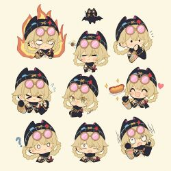  >_< 1girl :< :d ? anger_vein angry animal_ear_headwear animalization artist_name bandana bandana_around_arm bandana_around_neck bat_(animal) beanie black_bandana black_gloves black_hat black_sleeves blank_eyes blonde_hair blush blush_stickers braid braided_hair_rings chibi chibi_only clenched_hands closed_eyes closed_mouth commentary covering_own_mouth crossed_arms crossed_bangs detached_sleeves drooling ear_piercing eyelashes fang fingerless_gloves fire flying_sweatdrops food frown genshin_impact gloves goggles goggles_on_head hair_between_eyes hair_over_one_eye hair_rings hands_on_own_hips hands_up hat heart highres hot_dog jahoda_(genshin_impact) long_sleeves looking_at_viewer mechanical_arms mouth_drool multicolored_eyes multiple_views nose_blush notice_lines o_o one_eye_covered open_mouth piercing pink-tinted_eyewear raised_eyebrows red_bandana sad simple_background single_detached_sleeve single_mechanical_arm smile solid_circle_eyes sparkle star-shaped_pupils star_(symbol) symbol-shaped_pupils tearing_up thumbs_up tinted_eyewear upper_body v-shaped_eyebrows wavy_mouth wide-eyed xerin_art yellow_background yellow_eyes 