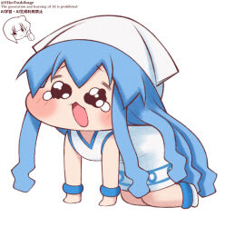  1girl abstract_background all_fours ankleband anklet artist_logo artist_name bare_shoulders blue_ankleband blue_anklet blue_hair blush bracelet crying dress eikotsukikage hat highres ikamusume jewelry logo meme open_mouth shinryaku!_ikamusume sleeveless sleeveless_dress solo solo_focus speakiposting_(meme) squid_girl squid_hat streaming_tears tearing_up tears twitter_username white_background white_dress wristband 