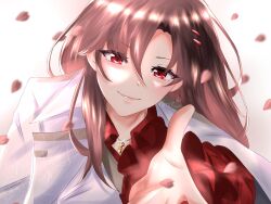  1girl brown_hair closed_mouth falling_petals heaven_burns_red highres long_hair looking_at_viewer matsunira petals reaching reaching_towards_viewer red_eyes shirt smile white_shirt yanagi_mion yanagi_mion_(scent_of_the_night_melody_of_the_roses) 