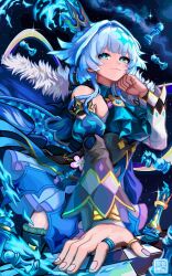  1girl aqua_eyes barine black_corset blue_cloak blue_dress blue_fire board_game cerydra_(honkai:_star_rail) chess chess_piece chessboard cloak commentary_request corset crown detached_sleeves dress fire highres honkai:_star_rail honkai_(series) jewelry king_(chess) long_hair mini_crown mini_wings multicolored_hair pawn_(chess) queen_(chess) ring space sparkle white_hair wings 