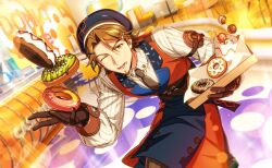  1boy apron blue_apron brown_eyes brown_gloves brown_hair cake collared_shirt cum cum_on_body doughnut facial facial_hair food game_cg gloves goatee happy_elements hat helios_rising_heroes highres holding jay_kidman male_focus necktie non-web_source official_art one_eye_closed pants shirt smile solo vest white_shirt 