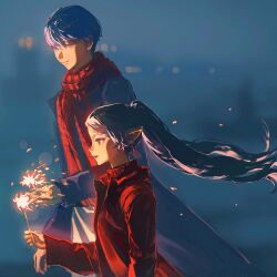  1boy 1girl black_coat blue_eyes blue_hair blurry blurry_background chinese_commentary closed_mouth coat commentary_request fireworks floating_hair frieren from_side green_eyes grey_hair highres holding holding_fireworks long_hair long_sleeves mole mole_under_eye narcisco open_mouth outdoors red_coat red_scarf scarf short_hair smile sousou_no_frieren stark_(sousou_no_frieren) twintails upper_body very_short_hair winter_clothes 