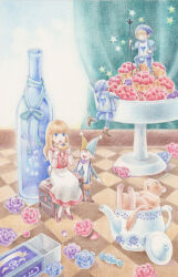  1girl 3boys alice's_adventures_in_wonderland alice_(alice_in_wonderland) blonde_hair blue_eyes bottle candy colored_pencil_(medium) commentary_request cupcake dress eating fantasy food mini_person miniboy minigirl mokuhata mouse_(animal) multiple_boys original sitting smile teapot traditional_media 