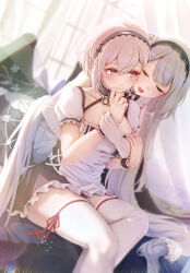  anchor_choker azur_lane breasts choker commentary_request frilled_choker frills gloves hairband highres hug hug_from_behind imo_bouya lace-trimmed_hairband lace_trim large_breasts long_hair maid maid_headdress puffy_short_sleeves puffy_sleeves red_eyes scrunchie scylla_(azur_lane) short_hair short_sleeves sirius_(azur_lane) sitting thigh-highs white_gloves white_hair white_thighhighs wrist_scrunchie 