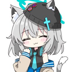  1girl :3 animal_ear_fluff animal_ears bare_shoulders black_hat black_shirt blue_archive blue_halo blue_necktie blush cat_ears cat_girl cat_tail closed_eyes closed_mouth collared_shirt commentary_request facing_viewer grey_hair grey_jacket halo hand_up hat headphones headphones_around_neck jacket kotatsu-mazoku long_sleeves necktie off_shoulder open_clothes open_jacket shiroko_(blue_archive) shirt short_hair simple_background sleeveless sleeveless_shirt solo tail upper_body white_background 