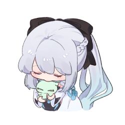  1girl black_bow bow braid closed_eyes commentary_request con_(fate) fate/grand_order fate_(series) hair_between_eyes hair_bow half_up_braid highres long_hair long_sleeves morgan_le_fay_(fate) morgan_le_fay_(first_ascension)_(fate) ponytail shigure_(ffrh7824) simple_background smile very_long_hair white_background white_hair 