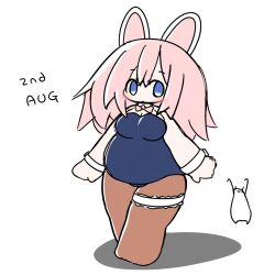  1girl abstract_background animal_ears arms_at_sides big_belly blue_eyes blush breasts choker closed_mouth commentary_request date_pun fat hono_esw9 large_breasts leggings number_pun pantyhose pink_hair playboy_bunny rabbit_ears walking white_background 