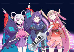  2_u2i 3girls ^_^ absurdres animal_ears arms_up black_choker blue_hair blue_hoodie blue_kimono brown_hair cho_kaguya-hime! choker closed_eyes closed_mouth clothing_cutout commentary_request egasumi forehead_jewel fox_ears fox_girl hair_ornament hair_rings hair_stick highres holding holding_instrument hood hood_down hoodie index_finger_raised instrument japanese_clothes kaguya_(cho_kaguya-hime!) kimono long_hair long_sleeves multiple_girls open_mouth rabbit_ears rabbit_girl red_kimono runami_yachiyo sakayori_iroha shide short_hair shoulder_cutout twintails umbrella_octopus very_long_hair white_hair 