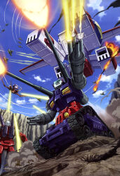  1980s_(style) 1990s_(style) absurdres arm_cannon army artist_request canopy_(aircraft) canyon caterpillar_tracks clouds cloudy_sky damaged debris dirty dual_arm_cannons dust_cloud earth_federation explosion faux_traditional_media firing fleet flying gopp_(gundam) guncannon gundam gundam_perfect_file guntank highres magazine_scan mecha mecha_focus mobile_suit mobile_suit_gundam muzzle_flash no_humans official_art promotional_art retro_artstyle robot scan scene_reference science_fiction shoulder_cannon sky spacecraft starfighter traditional_media war weapon white_base zeon 