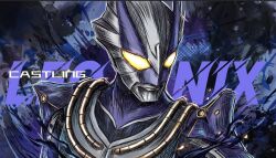  1boy alien armor artist_name blue_background blue_skin blue_theme castlings chest_guard colored_skin commentary compound_eyes english_text glowing glowing_eyes horns looking_to_the_side male_focus multicolored_skin no_pupils pectorals reimon shoulder_armor silver_skin solo splatter_background tokusatsu toned toned_male two-tone_skin ultra_galaxy_(series) ultra_galaxy_mega_dai-kaijuu_battle ultra_series untranslatable_commentary upper_body yellow_eyes 