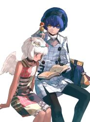  1boy 2girls angel_wings bare_shoulders black_choker black_gloves black_pants bloomers blue_eyes blue_hair blush book bright_pupils brown_eyes chinese_commentary choker closed_mouth coat colored_eyelashes commentary_request dark-skinned_female dark-skinned_male dark_skin dress fairy feathered_wings flower gallica_(metaphor:_refantazio) gloves hair_over_one_eye hairband head_wreath heterochromia highres holding holding_book laishamark92077 leotard long_sleeves looking_at_object looking_down maria_(metaphor:_refantazio) metal_hairband metaphor:_refantazio mini_person minigirl multiple_girls open_book orange_hair pants patchwork_clothes pink_flower pointy_ears protagonist_(metaphor:_refantazio) reading short_hair side-by-side simple_background sitting sitting_on_shoulder sleeveless sleeveless_dress smile white_background white_bloomers white_coat white_flower white_hair white_pupils white_wings wings yellow_eyes yellow_leotard 