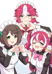  3girls ;d absurdres animal_ears apron bandit_sisters_(princess_connect!) blush bow bowtie breasts brown_hair character_name commentary_request dress ear_piercing earrings enmaided fang finger_heart frilled_apron frills fubuki_(princess_connect!) green_bow green_eyes heart heart_hands heart_in_heart_hands highres jewelry long_hair long_sleeves looking_at_viewer maid maid_apron maid_headdress moe_moe_kyun! multicolored_hair multiple_girls official_alternate_costume one_eye_closed open_mouth piercing pink_bow pink_hair pointy_ears princess_connect! puffy_sleeves red_hair short_hair skin_fang smile streaked_hair thumbs_down thumbs_down_heart_hands tnd(tenndo) two-tone_hair two_side_up virtual_youtuber wakana_(princess_connect!) white_apron white_background white_hair yamato_(princess_connect!) 