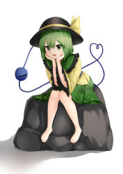  1girl barefoot black_hat bow collared_shirt commentary doge_(jkdoge) eyeball floral_print frilled_shirt_collar frilled_sleeves frills green_eyes green_hair green_skirt hat hat_bow heart heart_of_string highres komeiji_koishi long_sleeves looking_at_viewer open_mouth print_skirt rock rose_print shadow shirt simple_background sitting skirt smile solo third_eye toes touhou white_background wide_sleeves yellow_bow yellow_shirt 