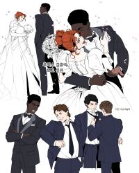  1girl 4boys adjusting_another's_clothes alternate_universe black_bow black_bowtie black_hair black_necktie bouquet bow bowtie brown_hair commentary crossed_arms dark-skinned_male dark_skin dress dustin_henderson elbow_bump grin hair_bun hand_in_pocket hetero highres holding holding_bouquet husband_and_wife interracial juliet_sleeves korean_text long_sleeves lucas_sinclair max_mayfield mike_wheeler multiple_boys necktie open_mouth puffy_sleeves pzz_pls single_hair_bun smile stranger_things translation_request tuxedo very_dark_skin wedding_dress will_byers 