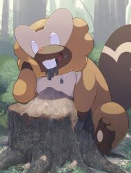  bibarel buck_teeth commentary_request forest highres mouth_hold nature no_humans outdoors pokemon pokemon_(creature) pokemon_focus sitting tail tatsumi_(panneko) teeth tree tree_stump 
