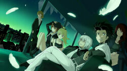  3boys 3girls accelerator_(toaru_majutsu_no_index) ahoge albino alternate_costume alternate_hairstyle arm_on_another's_shoulder bare_shoulders baseball_cap belt black_boots black_choker black_hair black_hat black_jacket black_necktie black_pants black_shoes black_suit blonde_hair boots breasts broken_window brown_eyes brown_hair building cable choker city city_lights collarbone collared_shirt commentary_request couch crossed_legs dutch_angle eyewear_on_head falling_feathers feathers feet_out_of_frame foot_out_of_frame full_body glass_shards green_sky grey_eyes grey_shorts grin hair_between_eyes hand_on_headwear hand_on_own_hat hands_in_pockets hat highres indoors jack-barro jacket jacket_on_shoulders jewelry kakine_teitoku knee_boots level_5_(toaru) light_blush light_smile long_hair long_sleeves looking_at_viewer medium_breasts medium_hair misaka_mikoto mugino_shizuri multiple_boys multiple_girls necklace necktie open_clothes open_jacket pants parted_lips partially_unbuttoned ponytail red_eyes shirt shoes shokuhou_misaki short_hair short_shorts shorts sidelocks sitting sky sleeveless smile sneakers sogiita_gunha spiky_hair standing star_(sky) starry_sky suit sunglasses toaru_majutsu_no_index wavy_hair white_feathers white_hair white_jacket white_pants white_shirt window 
