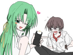  1boy 1girl ;d aku3taga0wa1 black_pants blush_stickers bound broken_heart brown_hair green_eyes green_hair hair_ribbon heart higurashi_no_naku_koro_ni holding_stun_gun long_hair looking_at_viewer maebara_keiichi one_eye_closed pants ribbon shirt simple_background sitting sleeveless sleeveless_sweater sleeveless_turtleneck smile sonozaki_shion stun_gun sweater tied_up_(nonsexual) turtleneck turtleneck_sweater white_background white_shirt yellow_ribbon 